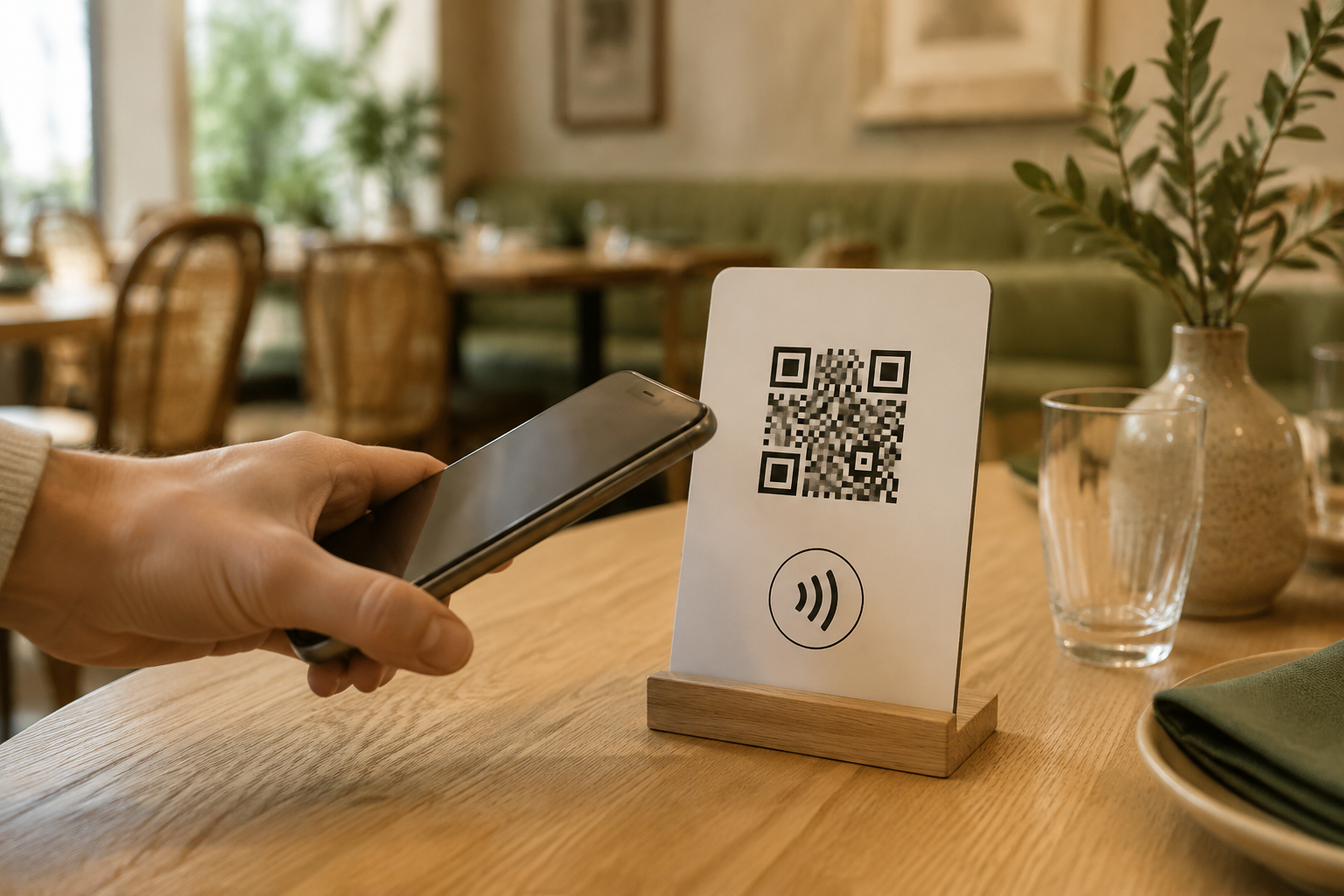 Exemple d’un chevalet QR code et NFC AvisPilot posé sur une table, utilisé avec un smartphone
